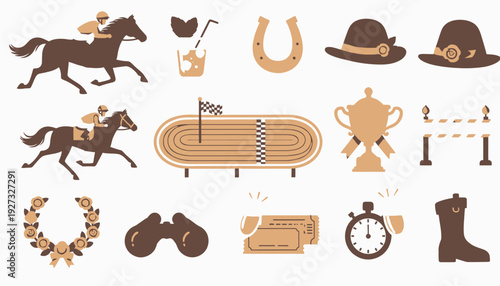 Collection of equestrian-themed illustrations including horses, trophies, hats, boots, and accessories displayed on a clean background from a straightforward viewpoint.