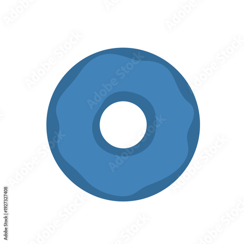 A top-down view of a single, blue, ring-shaped donut with a hole in the center, against a white background