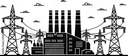 Black silhouette of a power plant with transmission towers and clouds in the background