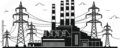 Black and white illustration of a power plant with smokestacks and transmission towers