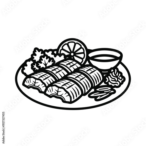 Grilled fish fillets on a plate with lemon and herbs