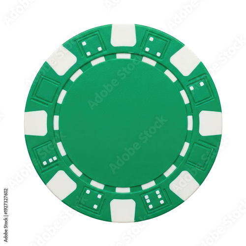Green casino poker chip with white checkered pattern and dice symbols isolated on a transparent background