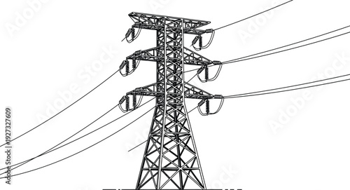 Electricity transmission tower with wires on for power distribution and infrastructure concepts