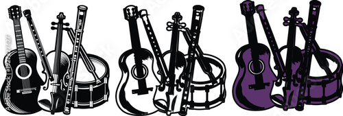 Assortment of Orchestral and Folk Instruments Grouped Together Vector Illustration