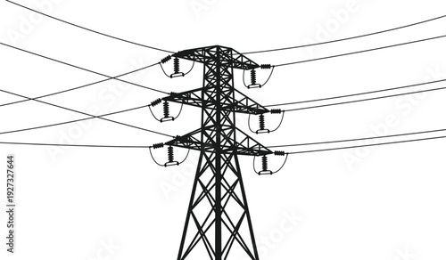 Electricity transmission tower with multiple power lines for energy infrastructure concept