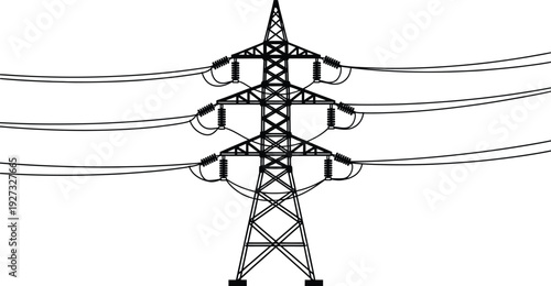 Electric power transmission tower with wires on for energy infrastructure and electricity distribution concept