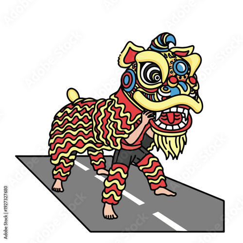 Vibrant lion dance performance on city street during celebration