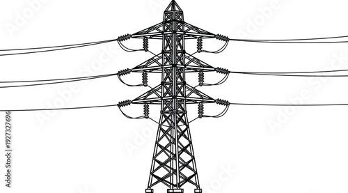 Electricity transmission tower with wires for power infrastructure and energy distribution concepts