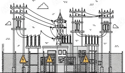 A detailed architectural drawing of a large building with towers and fences and warning signs on the gates and towers