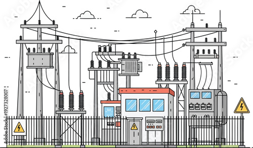 Electrical substation with fenced area and warning signs