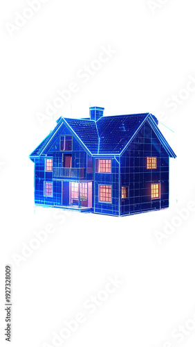 Blue wireframe house lit from within on black background