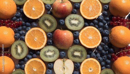 Flat Lay of Fresh Assorted Fruits Including Oranges, Apples, Kiwis, and Berries
Colorful Fruit Arrangement with Citrus, Apples, Kiwi Slices, and Berries
Fresh Mixed Fruits Pattern 