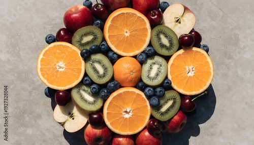 Flat Lay of Fresh Assorted Fruits Including Oranges, Apples, Kiwis, and Berries
Colorful Fruit Arrangement with Citrus, Apples, Kiwi Slices, and Berries
Fresh Mixed Fruits Pattern 