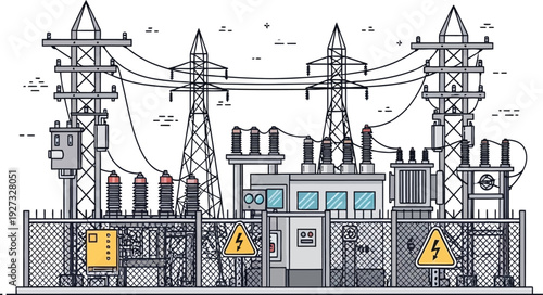 Electrical substation with power lines and warning signs on fence