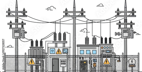Electric power substation with transformers and transmission lines