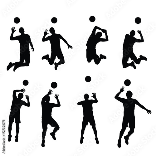 Black silhouettes of volleyball players in various positions