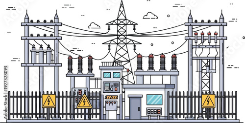 A detailed illustration of a building with a fence and warning signs in front of it