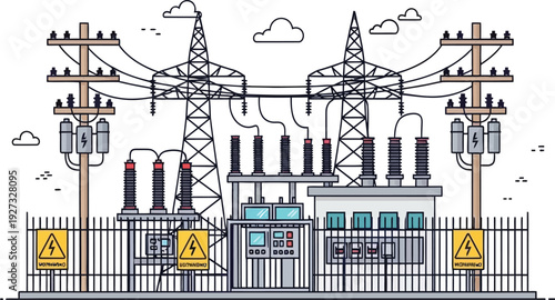 Electric power substation with transmission towers and warning signs for energy infrastructure concept