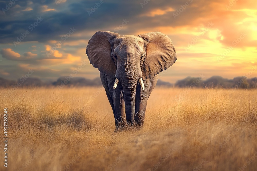 Fototapeta premium African Elephant Walking in Golden Savannah at Sunset Wildlife Nature Photography
