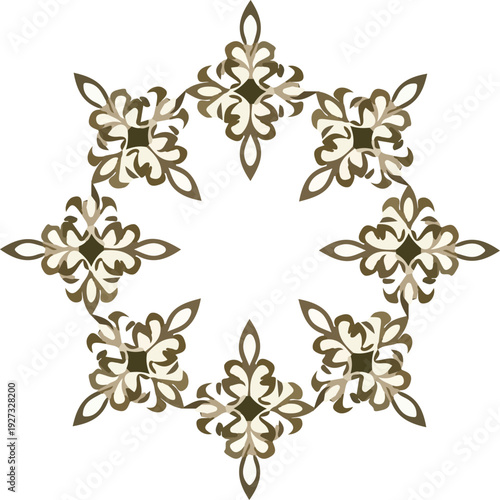 Luxury Ornate Radial Frame with Golden Tan Botanical Filigree and Symmetrical Decorative Flourishes on White Background