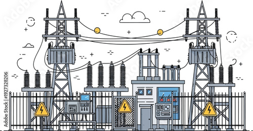 Electric power substation with towers and warning signs on fence