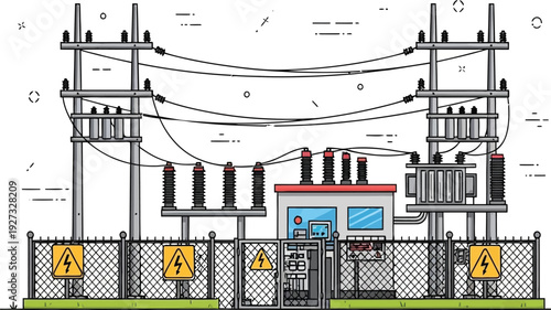 Detailed architectural drawing of a fenced electrical substation with transformers and power lines