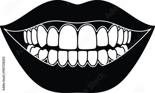 A black and white illustration of smiling lips and teeth