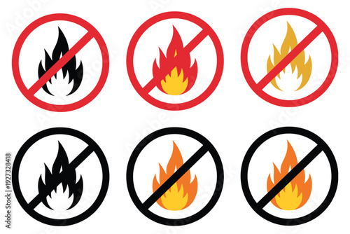 set of no fire signs displaying prohibition symbols in various colors for safety, warning icon collection with flame crossed circle graphics for hazard prevention, workplace regulation, and public are