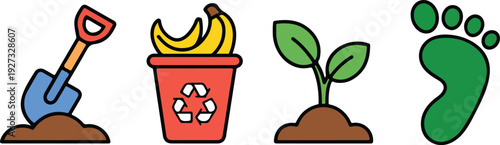 Gardening and Composting Colorful Icon Set with Eco Symbols