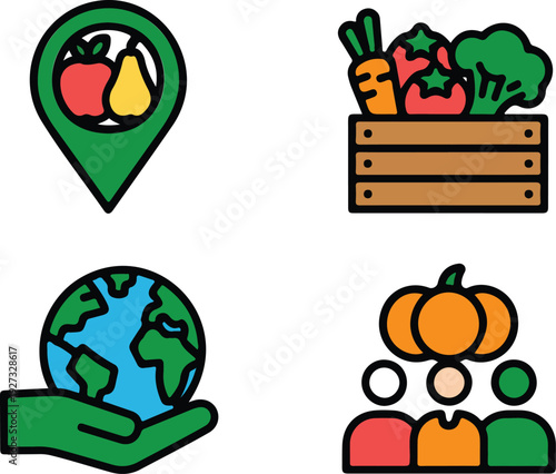 Local Food and Sustainability Flat Icon Set with Community Symbols