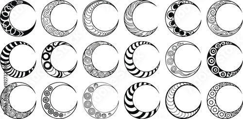 Ornamental Crescent Moon Vector Set  Floral Mandala and Boho Celestial Designs