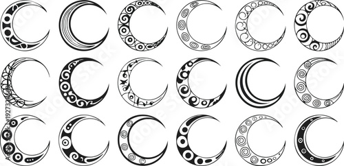 Ornamental Crescent Moon Vector Set  Floral Mandala and Boho Celestial Designs