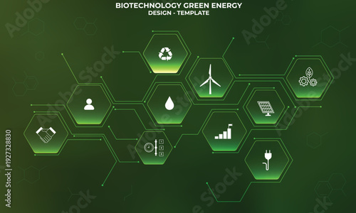 Futuristic Green Energy infographic with 10 hexagonal buttons mimicking a honeycomb. Biotechnology, environmental care, green and renewable energy. Tech icons such as security and environment.
