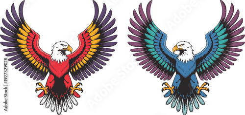 Colorful Eagle Outline Illustration  Symmetrical Wings Spread, Frontal View