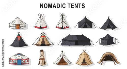 Illustration of twelve different styles of nomadic tents arranged in three rows