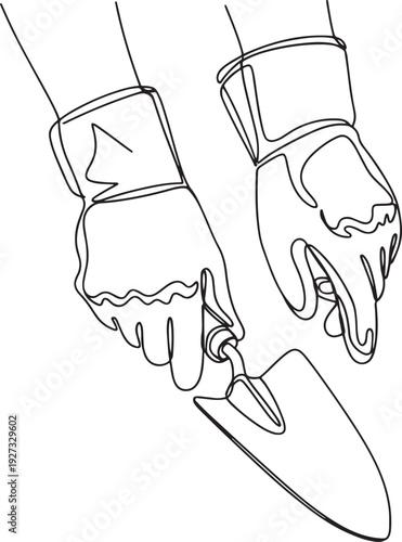 Minimalist Line Art Illustration of Hands Wearing Gardening Gloves Holding a Trowel, Representing Cultivation and Growth
