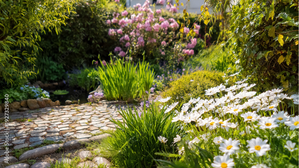 Obraz premium Garden stone path winding through lush greenery and blooming daisies, creating a serene and idyllic outdoor scene
