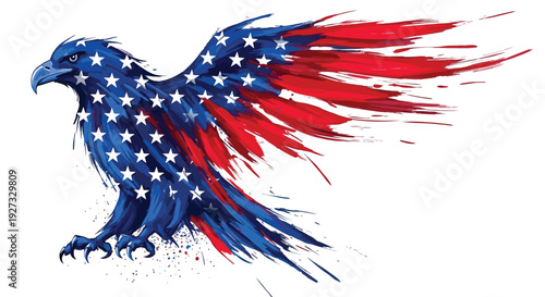 Majestic American bald eagle illustration showcasing patriotic red, white, and blue colors with stars and stripes in a dynamic watercolor-style, embodying national pride, freedom, and strength for div