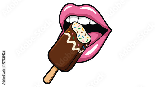 A playful vector illustration featuring bright pink lips playfully biting into a delicious chocolate popsicle topped with colorful sprinkles, a sweet summer treat