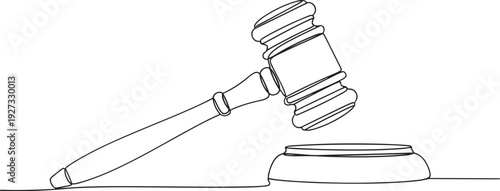 Elegant continuous line art drawing of a judge's gavel and sound block, symbolizing justice, law, and legal decisions with a modern, minimalist aesthetic
