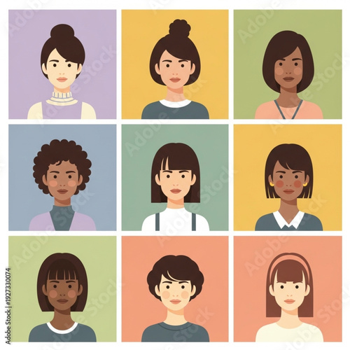 Diverse group of cartoon women with different hairstyles and backgrounds, showcasing variety and inclusivity in a modern illustration style.