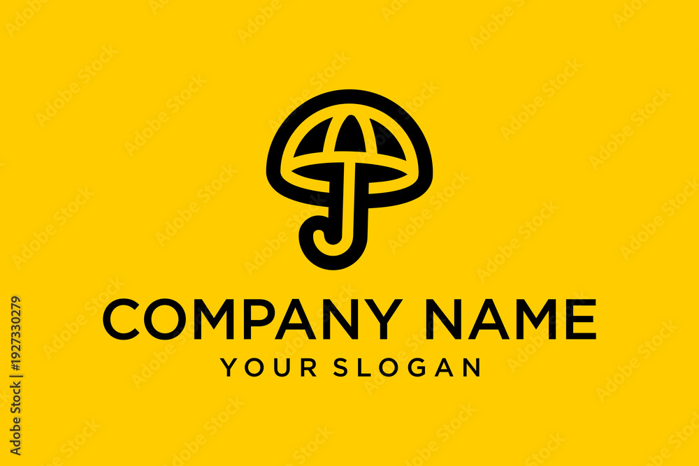 Obraz premium Minimalist Black Umbrella Line Art Logo on Yellow Background. Modern Company Branding Design Template, Protection and Shelter Symbol.