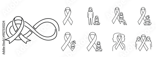 A collection of awareness ribbon symbols for various social causes and health issues A set of awareness ribbon symbols used to represent various social causes and health issues, promoting support.