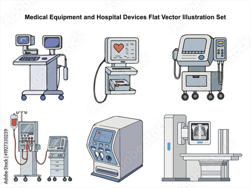 A flat vector illustration set of various medical equipment and hospital devices on a white background. Perfect for healthcare, medical presentations, and educational materials