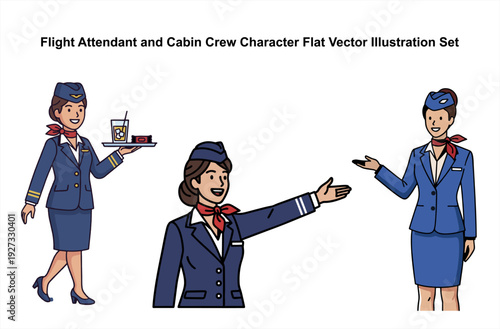 Three female flight attendants in blue uniforms, standing and gesturing in different poses, with a red scarf and hat, on a white background. Perfect for travel brochures