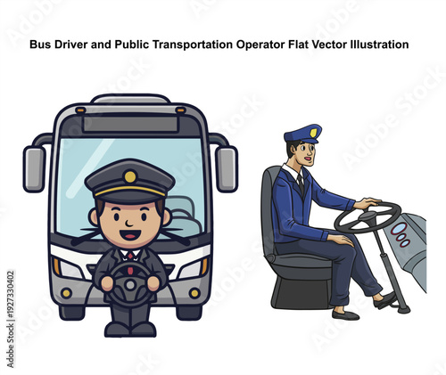 Flat vector illustration of a bus driver and public transportation operator in uniform, standing and sitting in a bus, with a friendly expression. Perfect for transportation, logistics