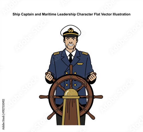 A smiling ship captain in a blue uniform and white hat stands confidently at the helm, gripping the wooden steering wheel with gold accents. Perfect for maritime concepts