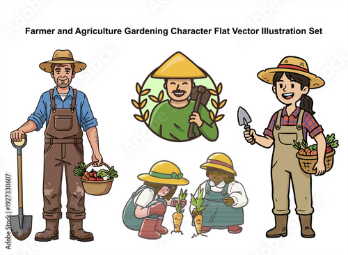 A set of flat vector illustrations of farmers and agriculture gardening characters in various poses with gardening tools and plants on a white background. Perfect for agriculture