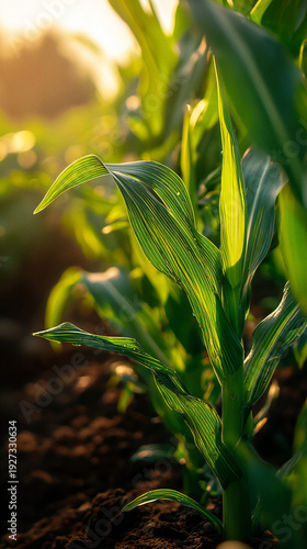 Young corn plant in field at golden hour, agriculture growth concept