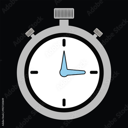 A stopwatch with a white face and blue hands on a black background